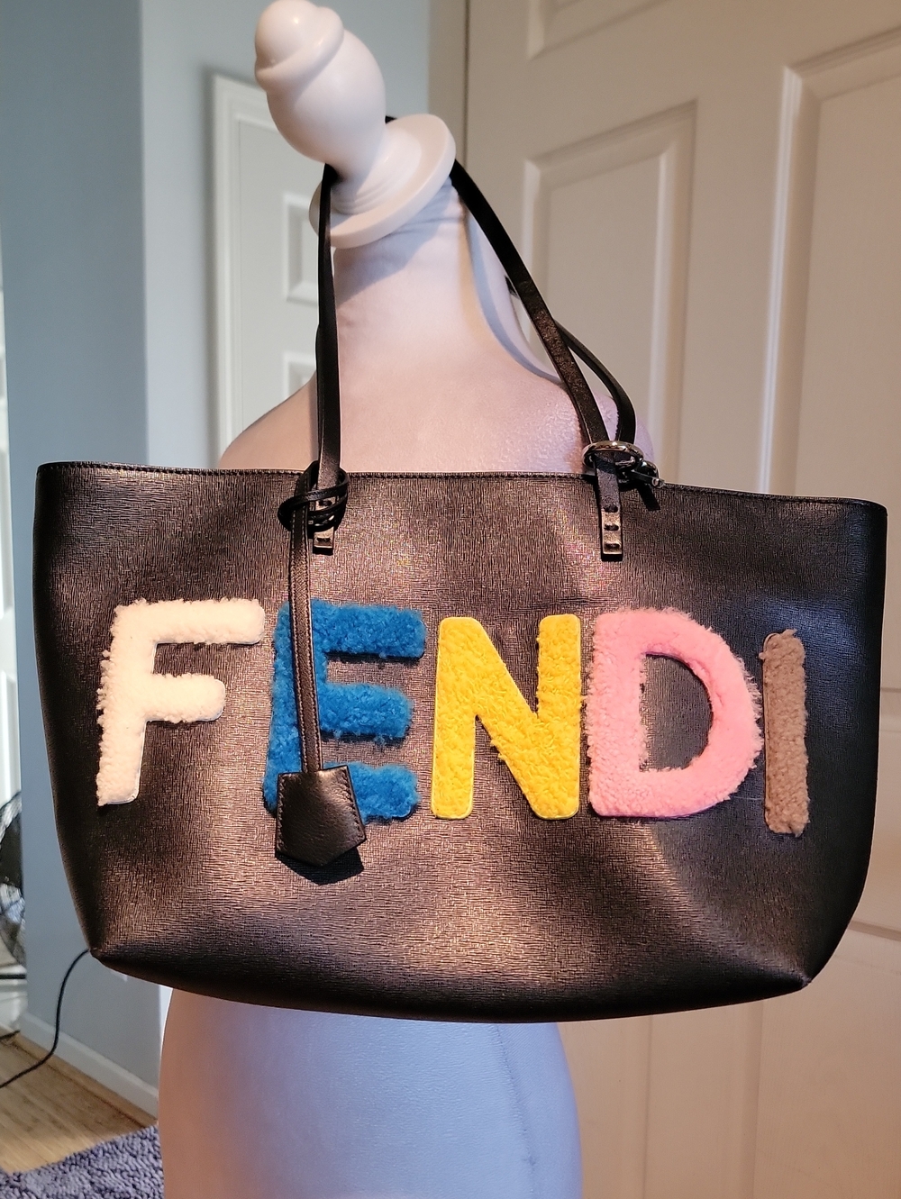 Fendi Black Leather Tote with Multicolor Fuzzy Logo